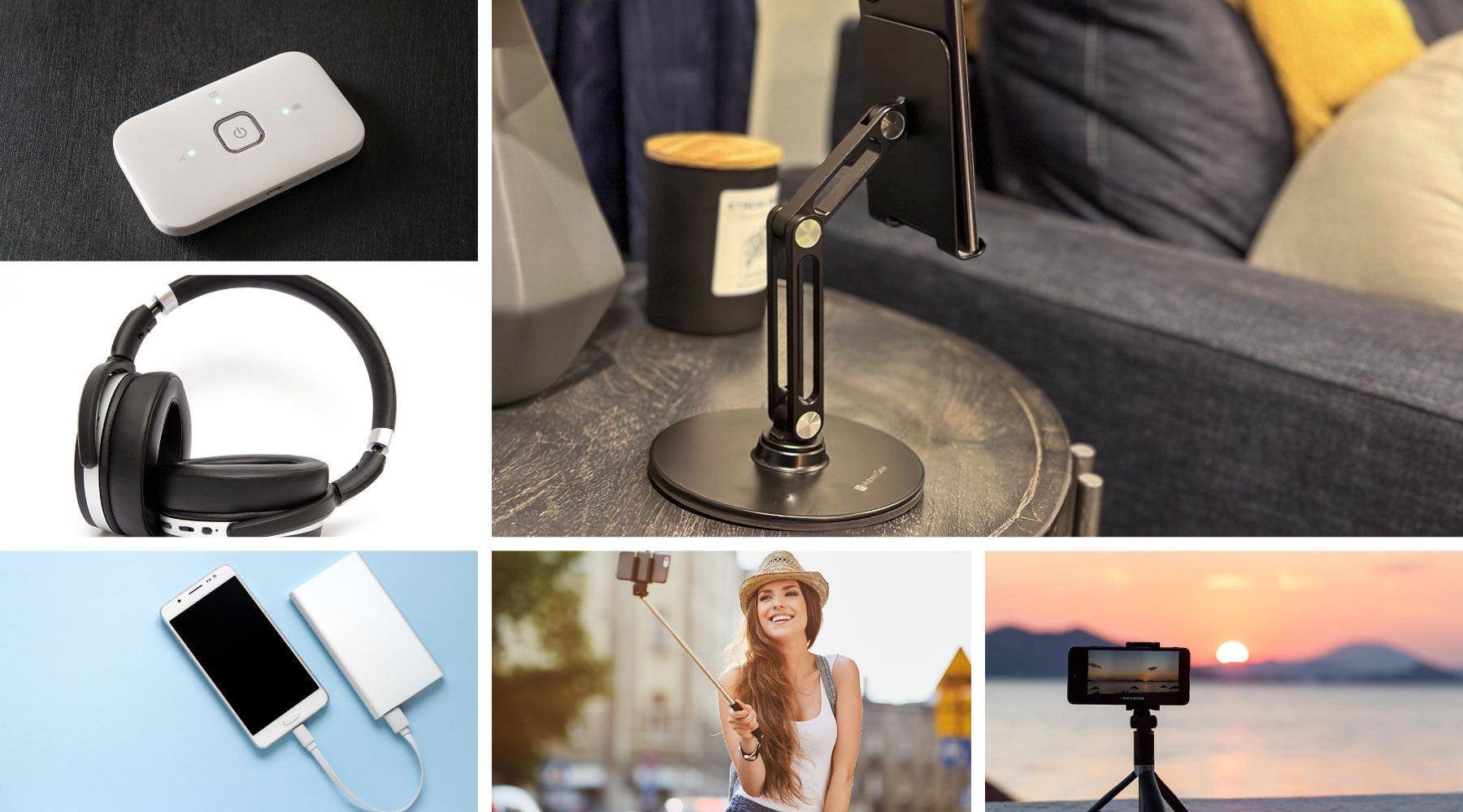 Collage of travel cell phone accessories