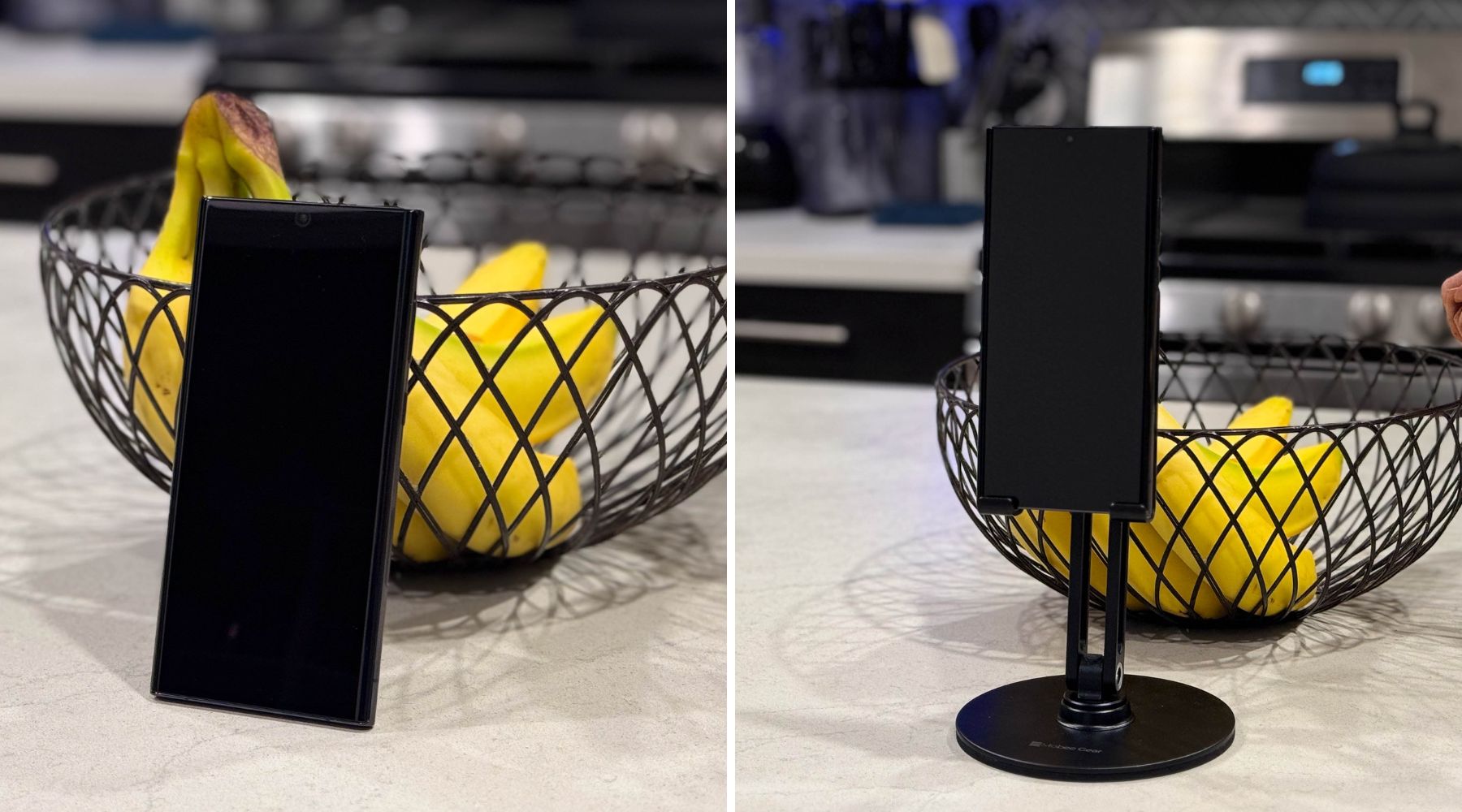 Before image: Awkwardly propped phone on a fruit basket on a kitchen countertop. After image: Phone held securely in a collapsible stand on a kitchen countertop for hands-free convenience.